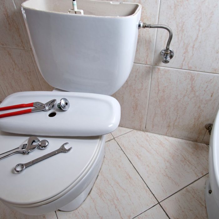 Unelte și un WC cu capacul scos.